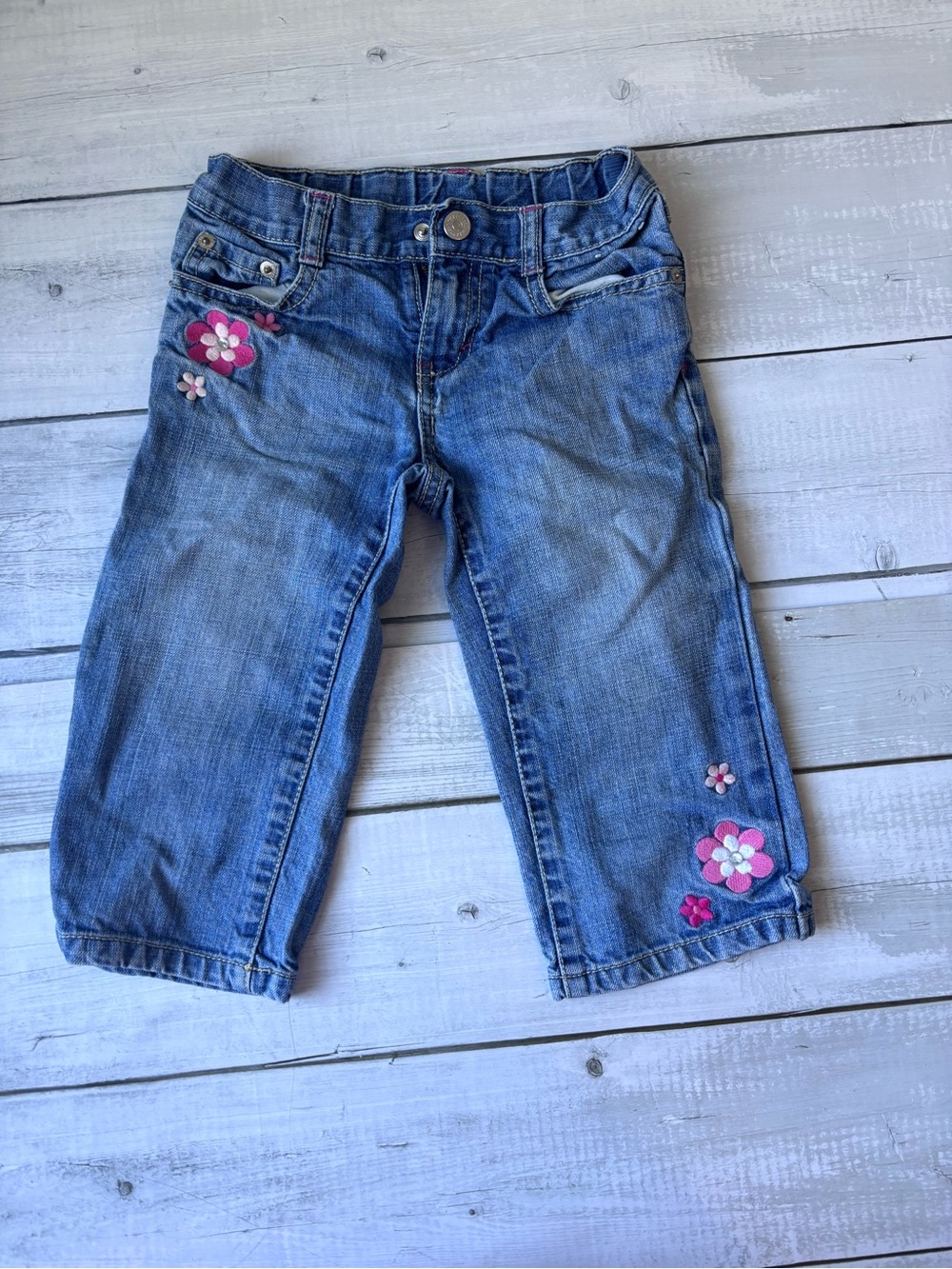5/$25 Girls' Blue Denim Capri Jeans with Pink Flower Embroidery